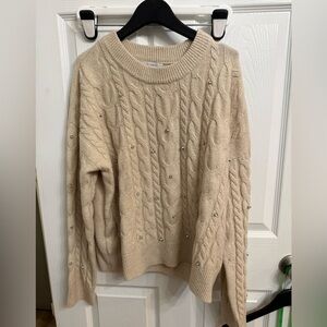 Single Thread Cable Knit Rhinestone Stud Sweater XL Neutral Oatmeal beige color
